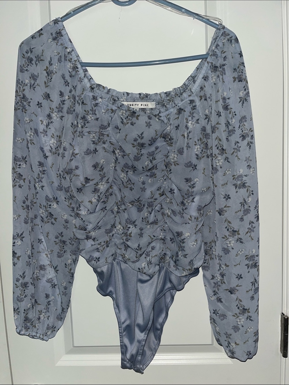 Celebrity Pink Dusty Blue Floral Ruched Bodysuit